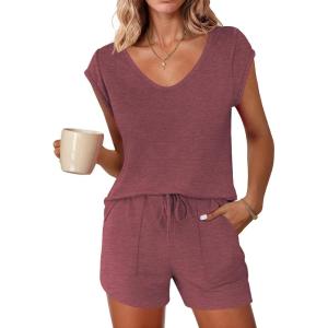Ekouaer Womens Pajama Sets 2 Piece Lounge Sets Comfy Short Sleeve Tops and Shorts Cute Pjs Outfits Set S-XXL(Wine)
