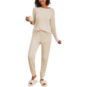 Ekouaer Women’s Pajama Sets Casual 2Pcs Sleepwear Long Sleeve Pullover Tops Long Joggers Pants with Pockets(Rib-light Khaki)