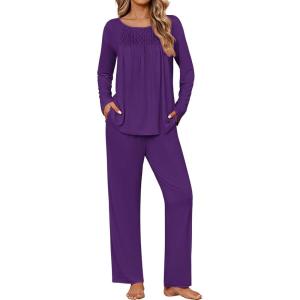 Ekouaer Womens Pajama Sets Fall Long Sleeve Pajamas for Women Trendy Pleated Pjs Sets Comfy 2 Piece Lounge Set with Pockets(Purple)