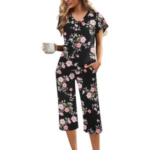 Ekouaer Womens Pajama Sets Ruffle Short Sleeve Sleepwear Top and Capri Pants Pjs Set Comfy 2 Piece Lounge Set S-XXL(Floral Black Pink)