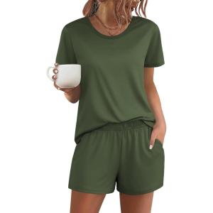 Ekouaer Women’s Pajama Sets Short Sleeve Pjs 2 Piece Top and Shorts Sleepwear Comfy Soft Lounge Sets with Pockets(Army Green)