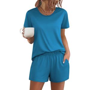 Ekouaer Women’s Pajama Sets Short Sleeve Pjs 2 Piece Top and Shorts Sleepwear Comfy Soft Lounge Sets with Pockets(Blue Green)