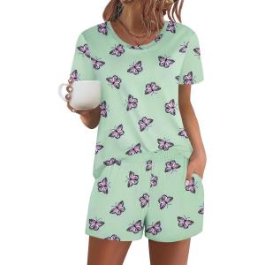 Ekouaer Women’s Pajama Sets Short Sleeve Pjs 2 Piece Top and Shorts Sleepwear Comfy Soft Lounge Sets with Pockets(Butterfly)