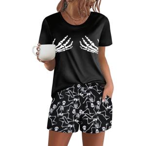 Ekouaer Women’s Pajama Sets Short Sleeve Pjs 2 Piece Top and Shorts Sleepwear Comfy Soft Lounge Sets with Pockets(Halloween Skeleton Print)