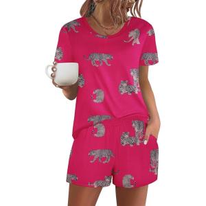 Ekouaer Women’s Pajama Sets Short Sleeve Pjs 2 Piece Top and Shorts Sleepwear Comfy Soft Lounge Sets with Pockets(Hot Pink Animal Print)