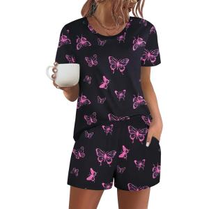 Ekouaer Women’s Pajama Sets Short Sleeve Pjs 2 Piece Top and Shorts Sleepwear Comfy Soft Lounge Sets with Pockets(Pink Butterfly)