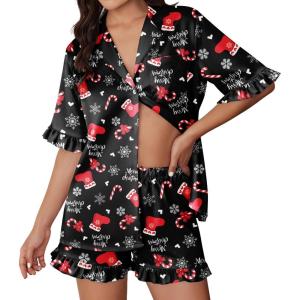 Ekouaer Womens Satin Pajamas Set 2 Piece Button Down Silk Pjs Ruffle Short Sleeve Shorts Set Notch Collar Sleepwear(Black Christmas Boots)