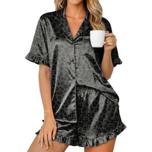 Ekouaer Womens Satin Pajamas Set 2 Piece Button Down Silk Pjs Ruffle Short Sleeve Shorts Set Notch Collar Sleepwear(Gray Leopard)