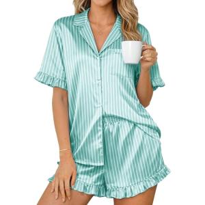 Ekouaer Womens Satin Pajamas Set 2 Piece Button Down Silk Pjs Ruffle Short Sleeve Shorts Set Notch Collar Sleepwear(Green White Stripes)
