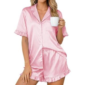 Ekouaer Womens Satin Pajamas Set 2 Piece Button Down Silk Pjs Ruffle Short Sleeve Shorts Set Notch Collar Sleepwear(Pink White Stripes)