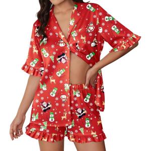 Ekouaer Womens Satin Pajamas Set 2 Piece Button Down Silk Pjs Ruffle Short Sleeve Shorts Set Notch Collar Sleepwear(Red Christmas Snowman)
