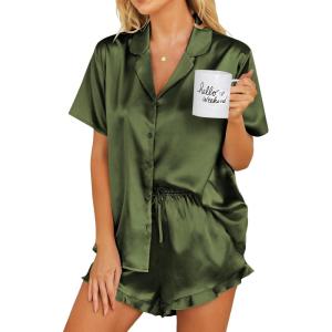 Ekouaer Womens Satin Pajamas Set Button Down 2 Piece Silk Pjs Shorts Set Ruffle Lingerie Notch Collar Sleepwear(Army Green)