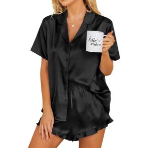 Ekouaer Womens Satin Pajamas Set Button Down 2 Piece Silk Pjs Shorts Set Ruffle Lingerie Notch Collar Sleepwear(Black)