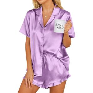 Ekouaer Womens Satin Pajamas Set Button Down 2 Piece Silk Pjs Shorts Set Ruffle Lingerie Notch Collar Sleepwear(Lavender)