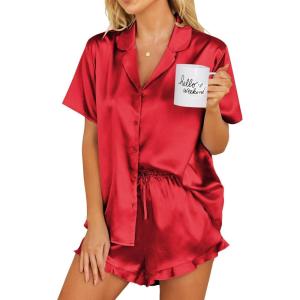 Ekouaer Womens Satin Pajamas Set Button Down 2 Piece Silk Pjs Shorts Set Ruffle Lingerie Notch Collar Sleepwear(Red)