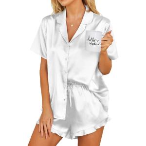 Ekouaer Womens Satin Pajamas Set Button Down 2 Piece Silk Pjs Shorts Set Ruffle Lingerie Notch Collar Sleepwear(White)