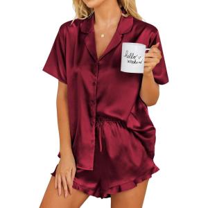 Ekouaer Womens Satin Pajamas Set Button Down 2 Piece Silk Pjs Shorts Set Ruffle Lingerie Notch Collar Sleepwear(Wind Red)