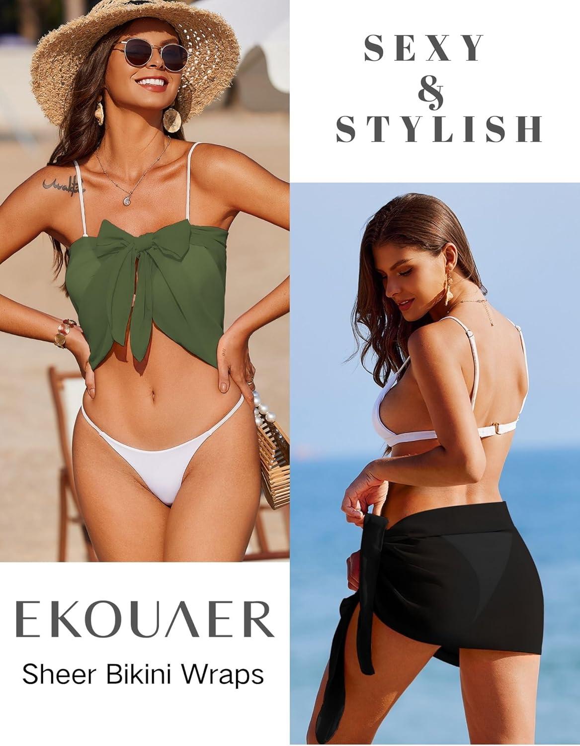 imageEkouaer 2 Pcs Sarong Coverups for Women Beach Wrap Skirt Chiffon Swimsuit Coverup for Swimwear SXXLAblackarmy Green