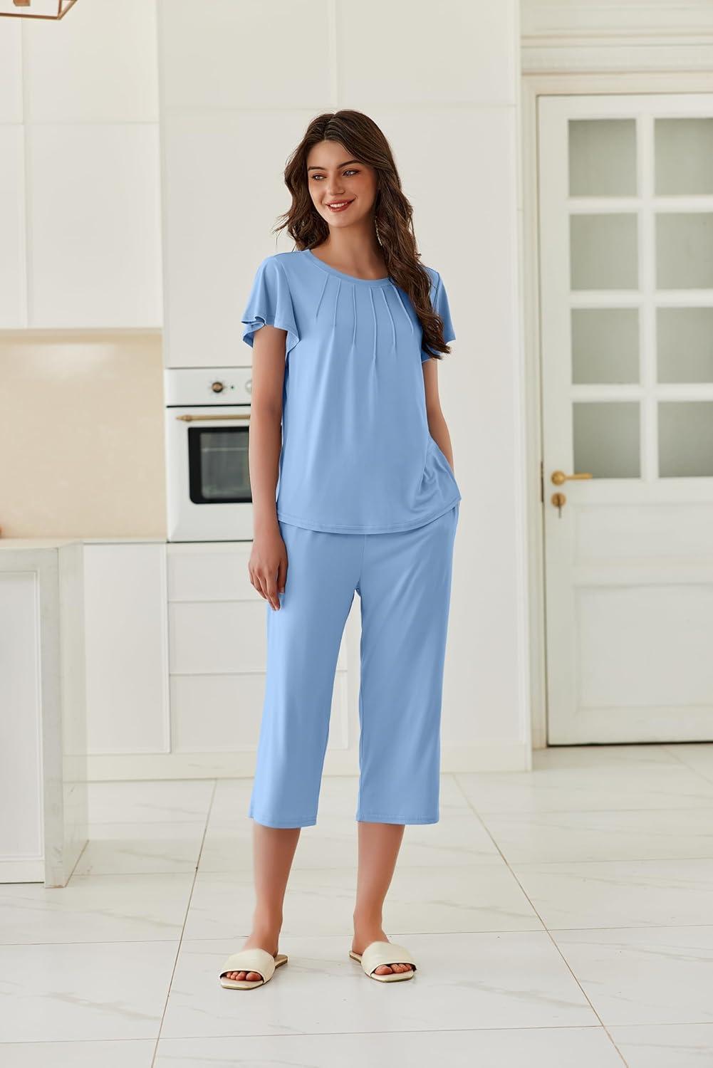 imageEkouaer Capri Pajamas Set Womens Ruffle Sleeve Top and Capri Pants Soft Sleepwear Loungewear with PocketsBaby Blue