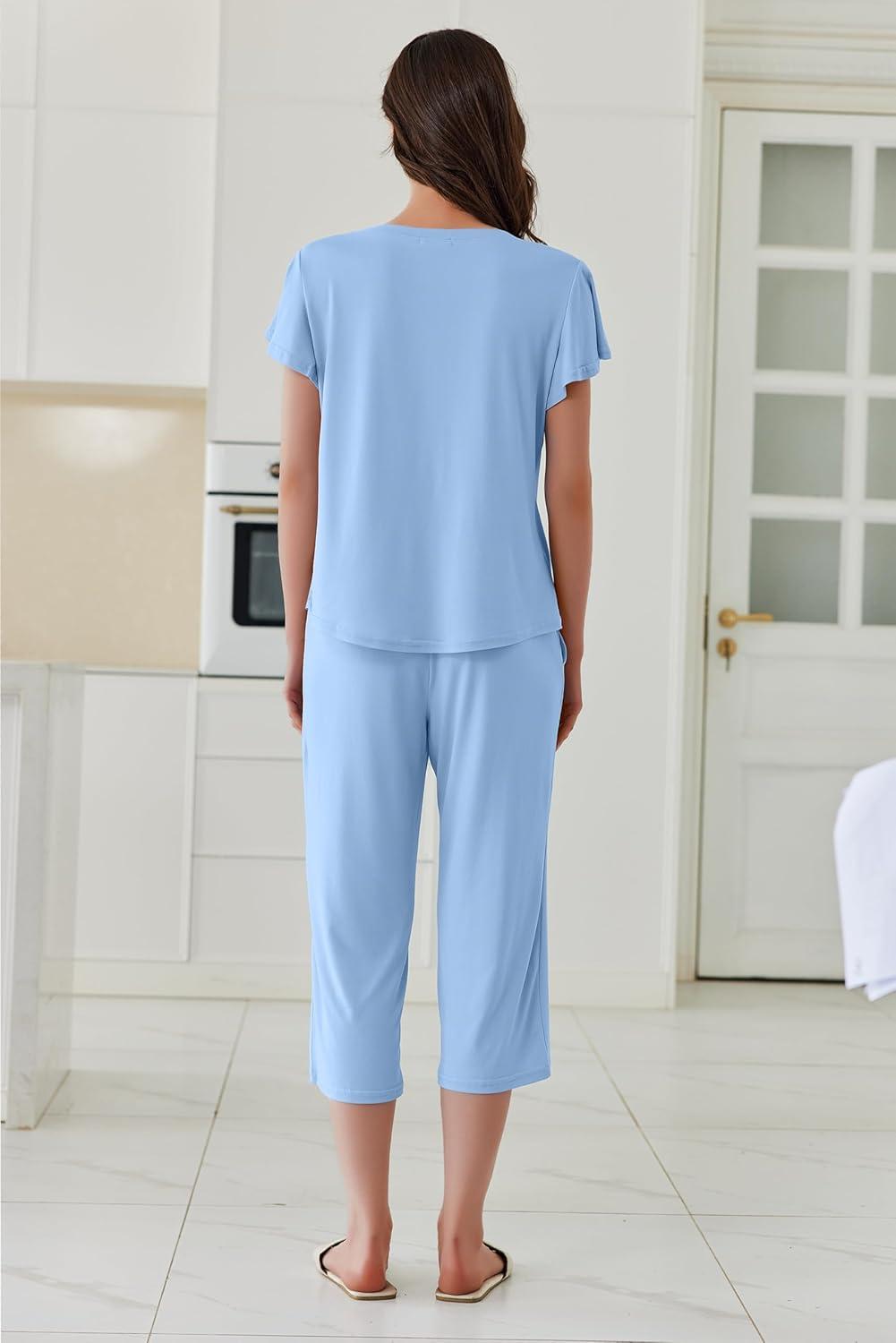 imageEkouaer Capri Pajamas Set Womens Ruffle Sleeve Top and Capri Pants Soft Sleepwear Loungewear with PocketsBaby Blue