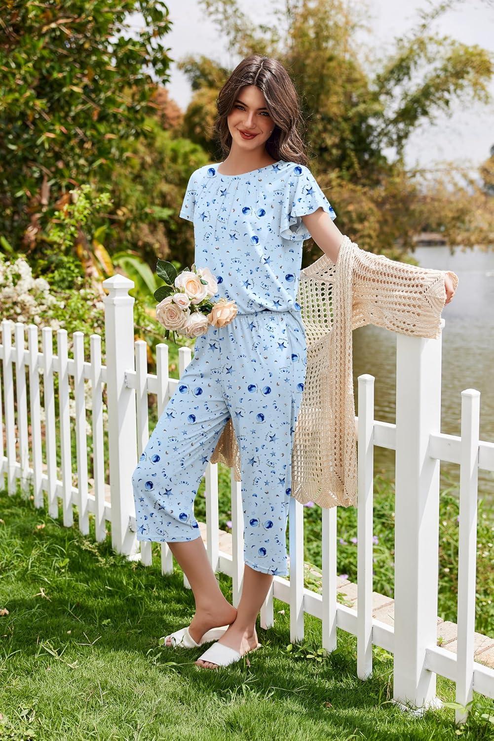 imageEkouaer Capri Pajamas Set Womens Ruffle Sleeve Top and Capri Pants Soft Sleepwear Loungewear with PocketsBlue Stars