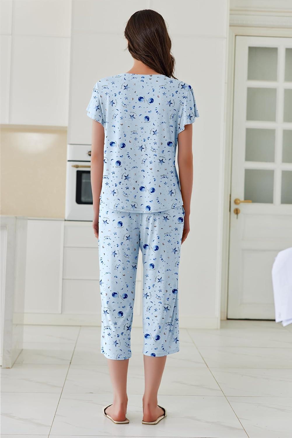 imageEkouaer Capri Pajamas Set Womens Ruffle Sleeve Top and Capri Pants Soft Sleepwear Loungewear with PocketsBlue Stars