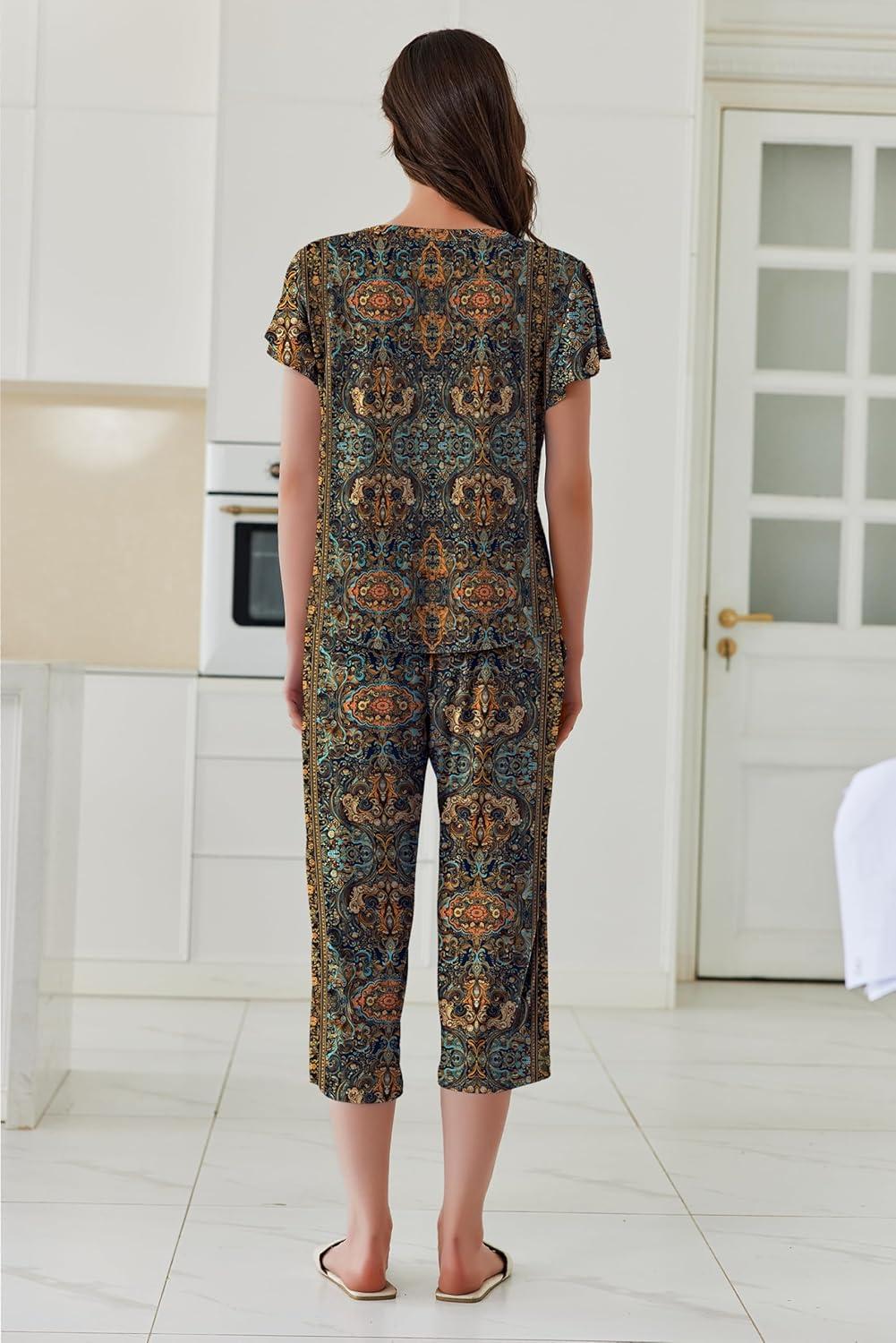imageEkouaer Capri Pajamas Set Womens Ruffle Sleeve Top and Capri Pants Soft Sleepwear Loungewear with PocketsBrown Ethnic