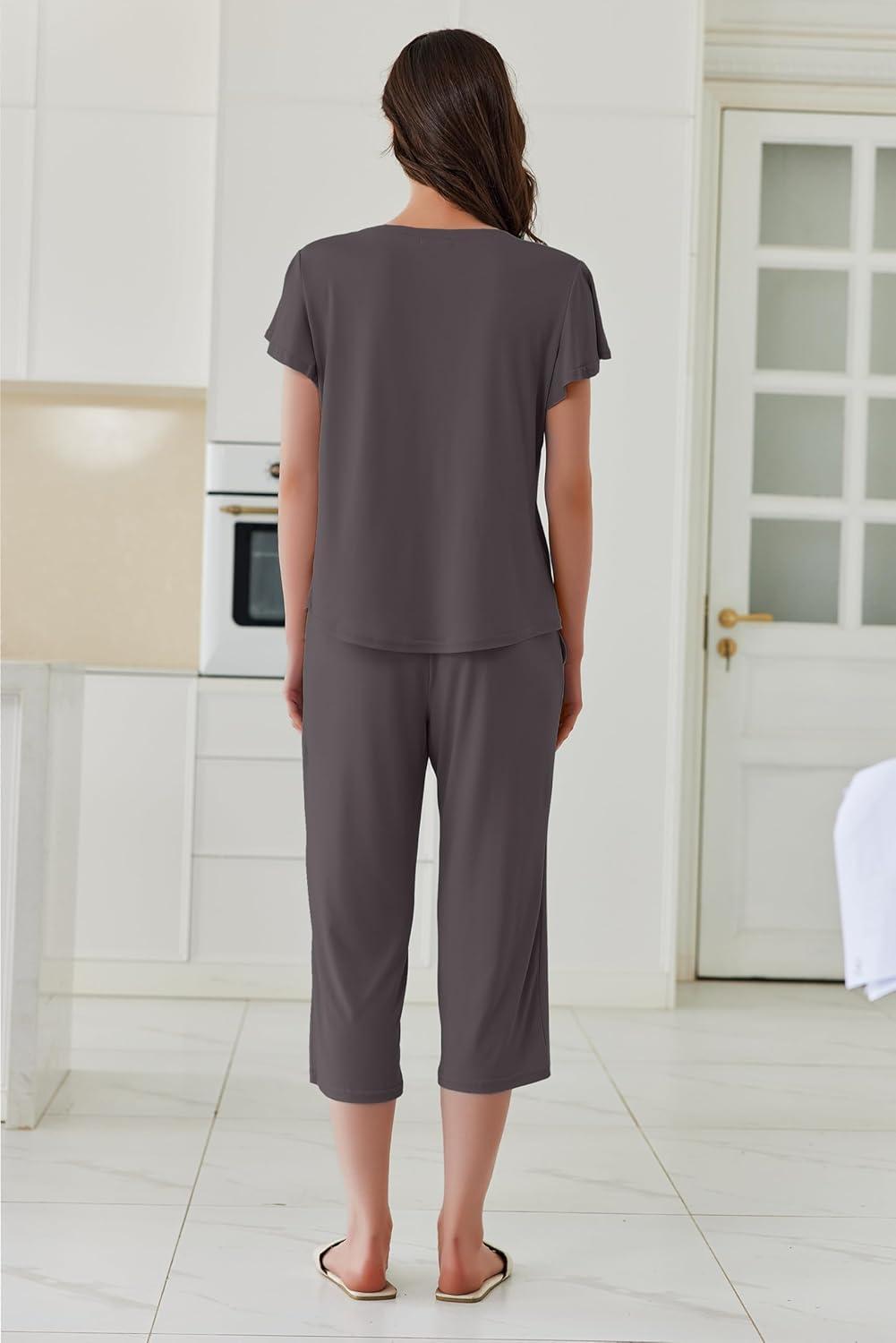 imageEkouaer Capri Pajamas Set Womens Ruffle Sleeve Top and Capri Pants Soft Sleepwear Loungewear with PocketsDark Gray