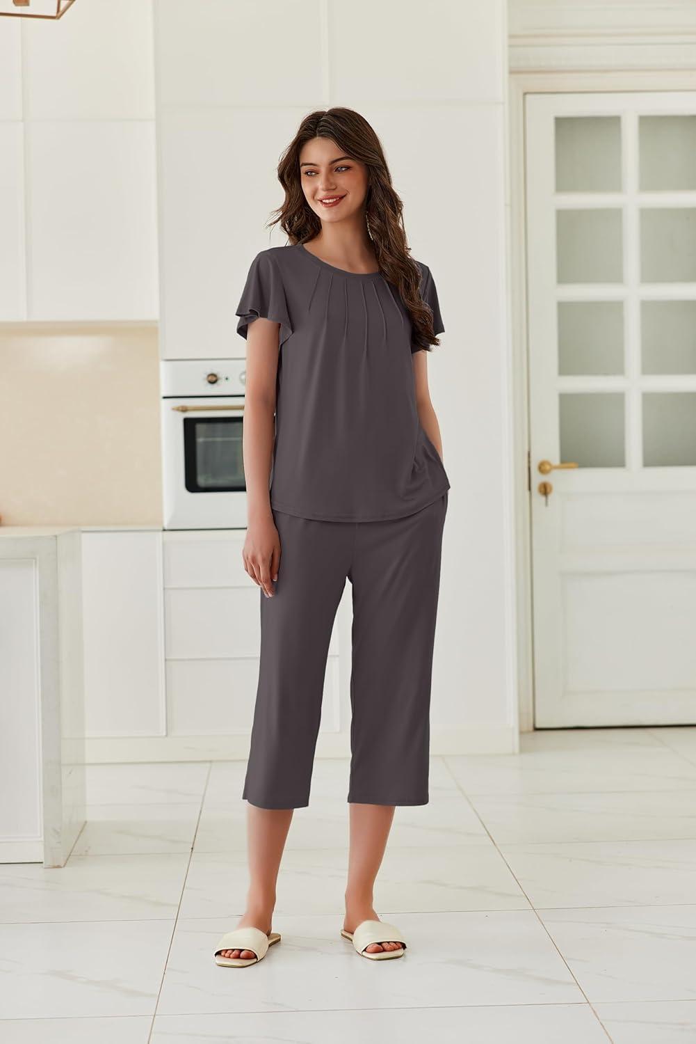 imageEkouaer Capri Pajamas Set Womens Ruffle Sleeve Top and Capri Pants Soft Sleepwear Loungewear with PocketsDark Gray