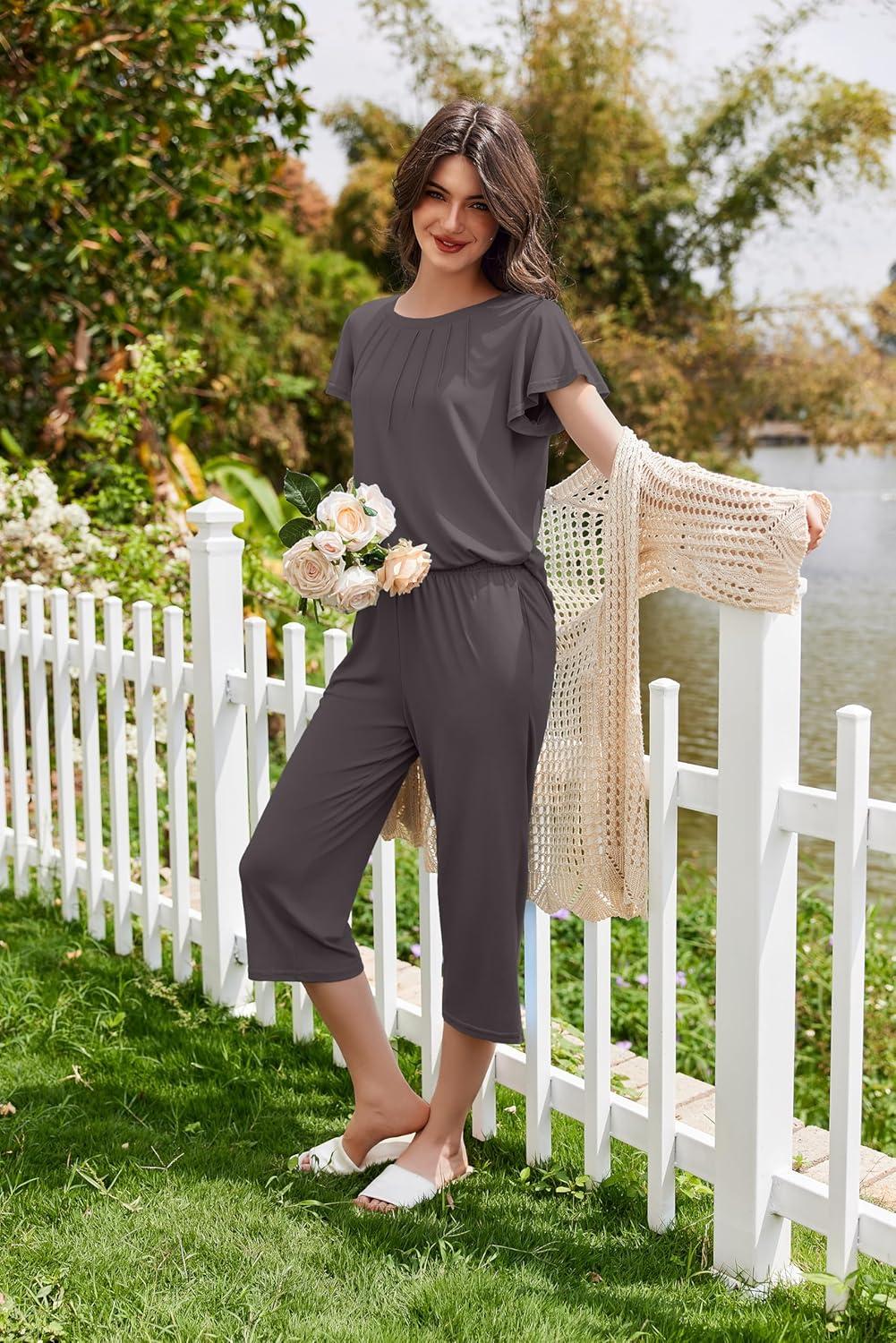 imageEkouaer Capri Pajamas Set Womens Ruffle Sleeve Top and Capri Pants Soft Sleepwear Loungewear with PocketsDark Gray
