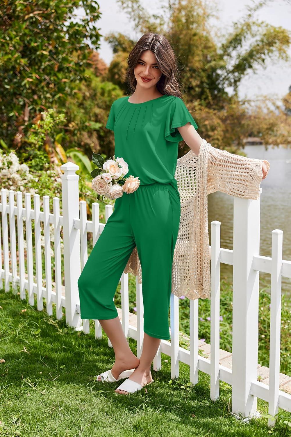 imageEkouaer Capri Pajamas Set Womens Ruffle Sleeve Top and Capri Pants Soft Sleepwear Loungewear with PocketsGreen