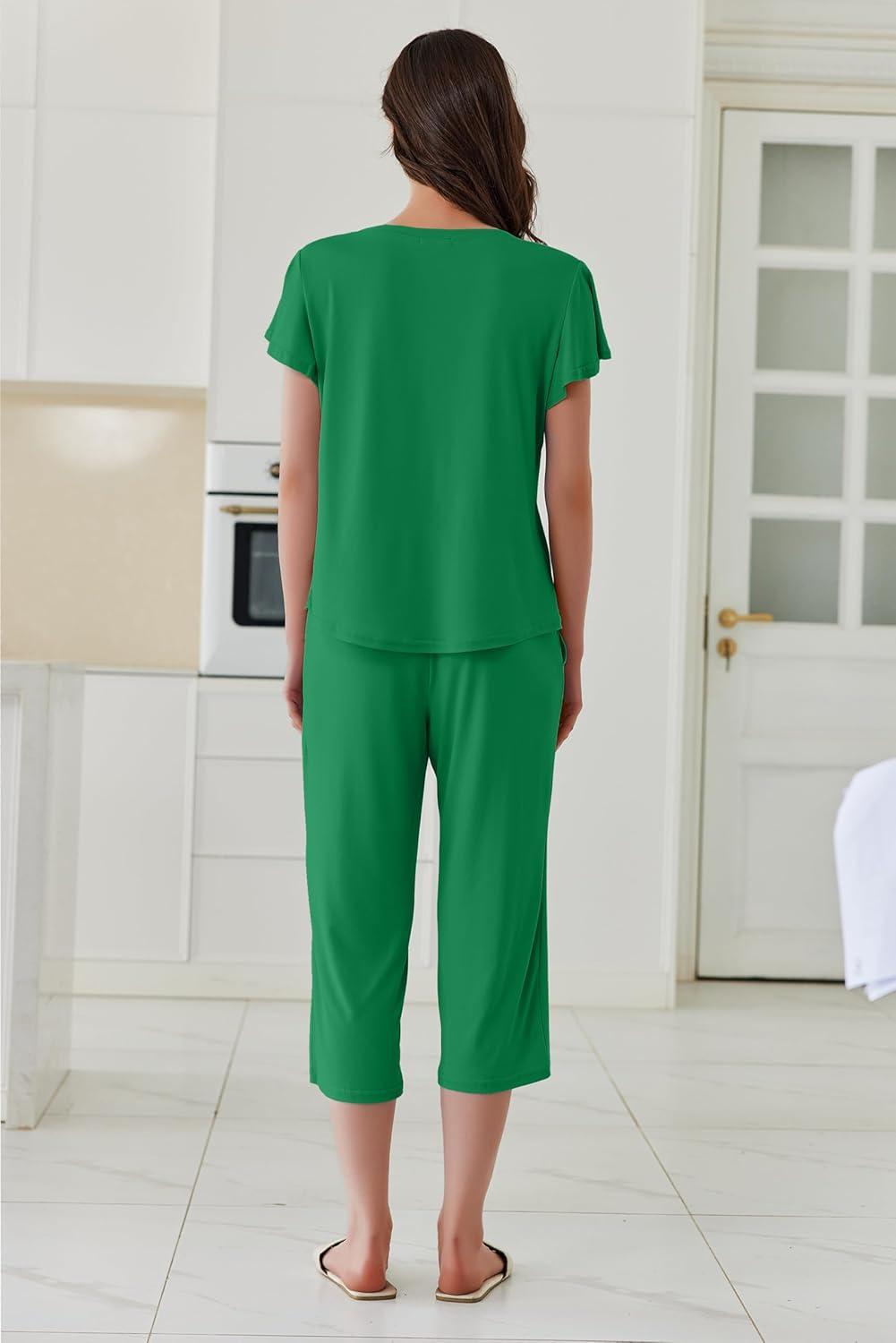 imageEkouaer Capri Pajamas Set Womens Ruffle Sleeve Top and Capri Pants Soft Sleepwear Loungewear with PocketsGreen
