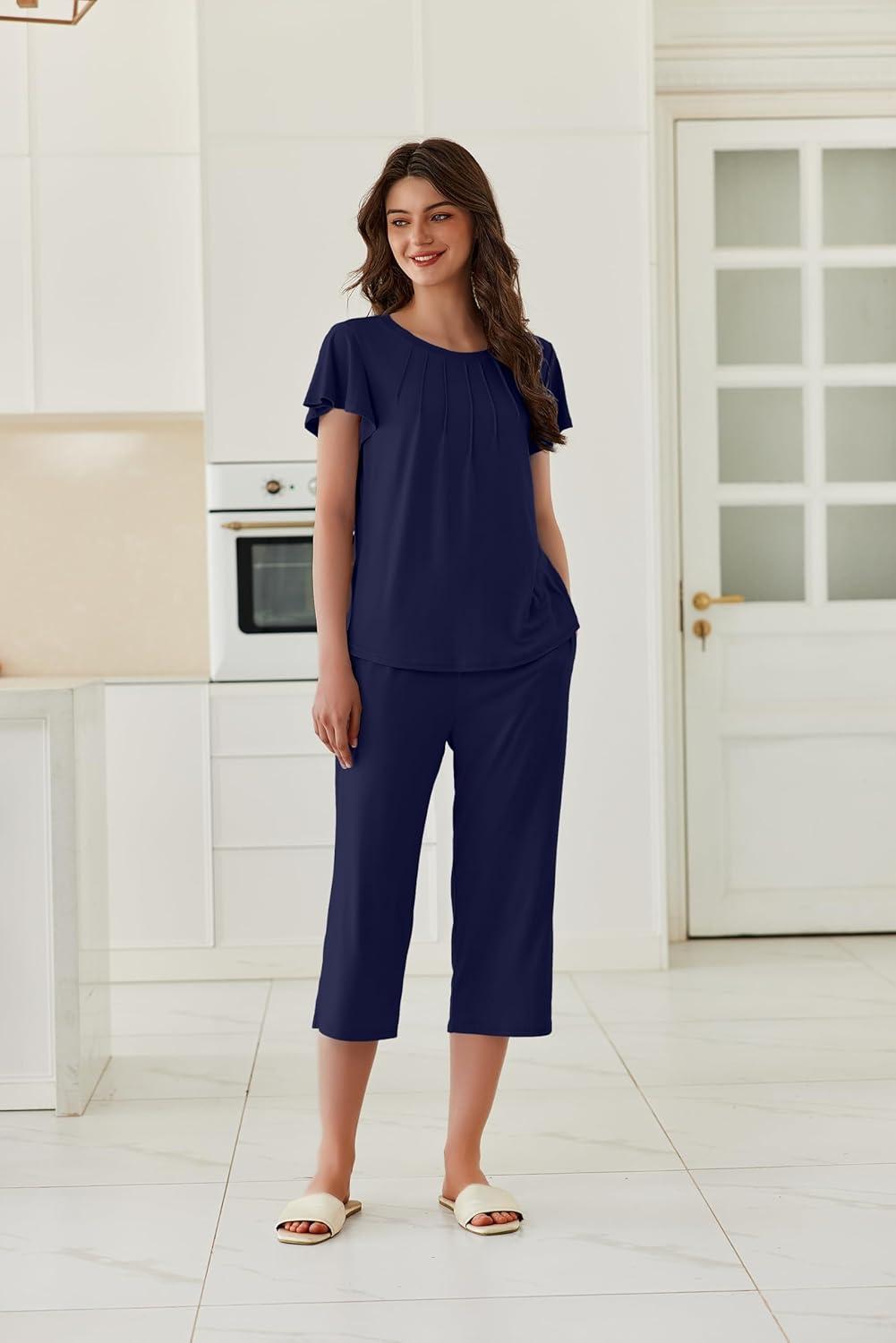 imageEkouaer Capri Pajamas Set Womens Ruffle Sleeve Top and Capri Pants Soft Sleepwear Loungewear with PocketsNavy Blue
