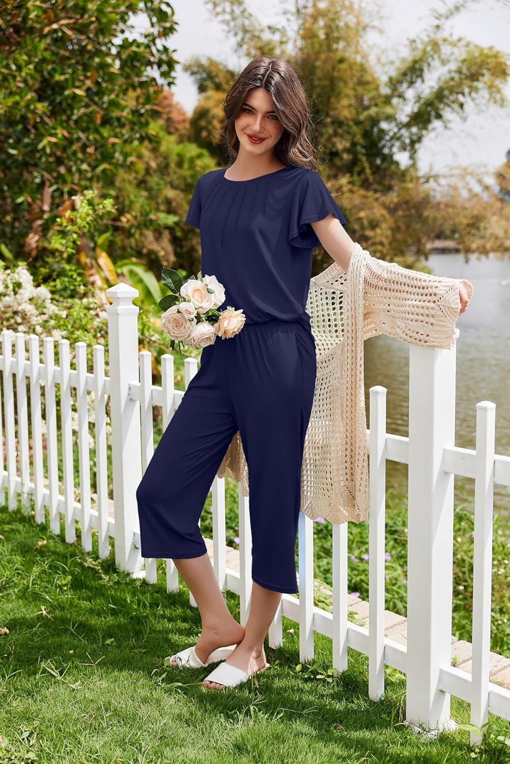 imageEkouaer Capri Pajamas Set Womens Ruffle Sleeve Top and Capri Pants Soft Sleepwear Loungewear with PocketsNavy Blue