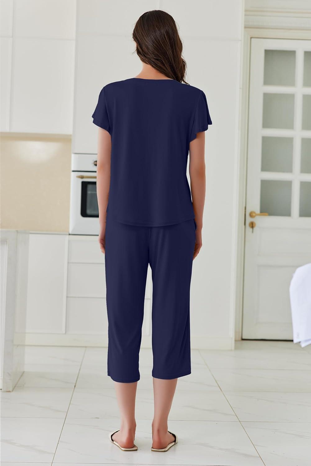 imageEkouaer Capri Pajamas Set Womens Ruffle Sleeve Top and Capri Pants Soft Sleepwear Loungewear with PocketsNavy Blue
