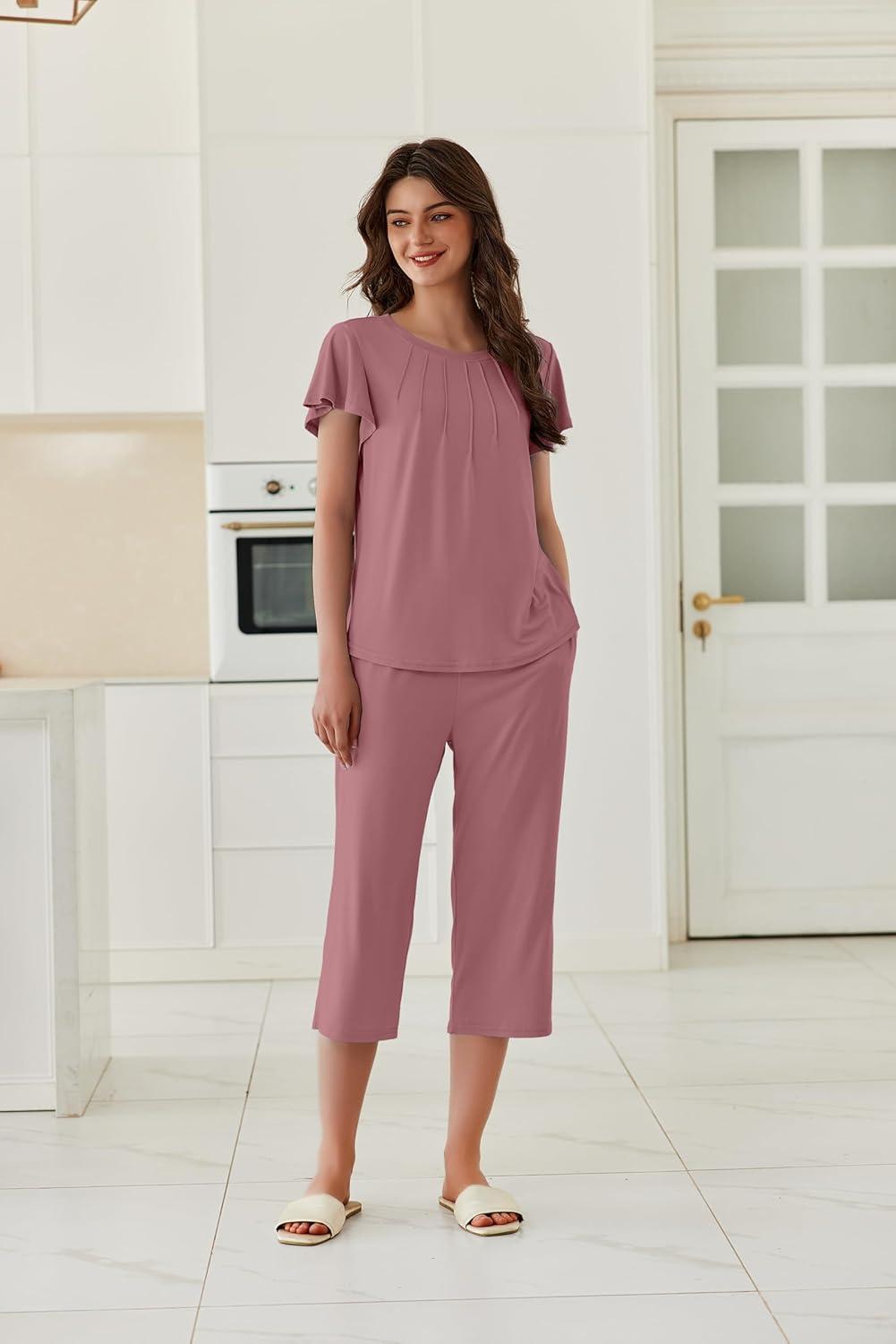 imageEkouaer Capri Pajamas Set Womens Ruffle Sleeve Top and Capri Pants Soft Sleepwear Loungewear with PocketsPale Violet Red