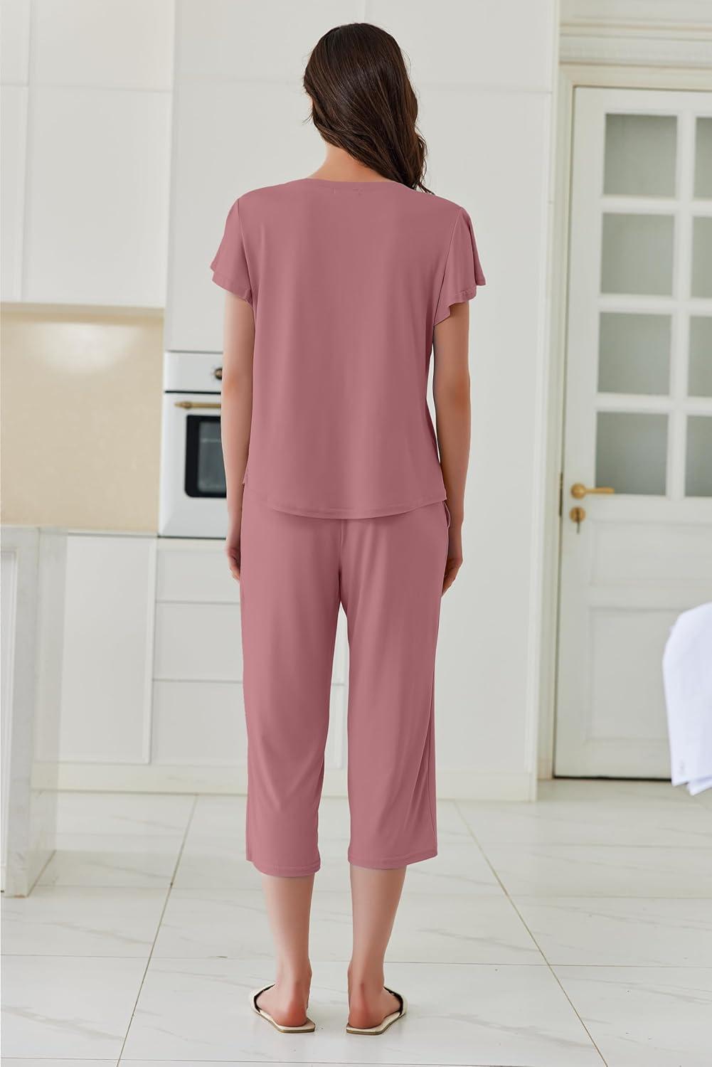 imageEkouaer Capri Pajamas Set Womens Ruffle Sleeve Top and Capri Pants Soft Sleepwear Loungewear with PocketsPale Violet Red