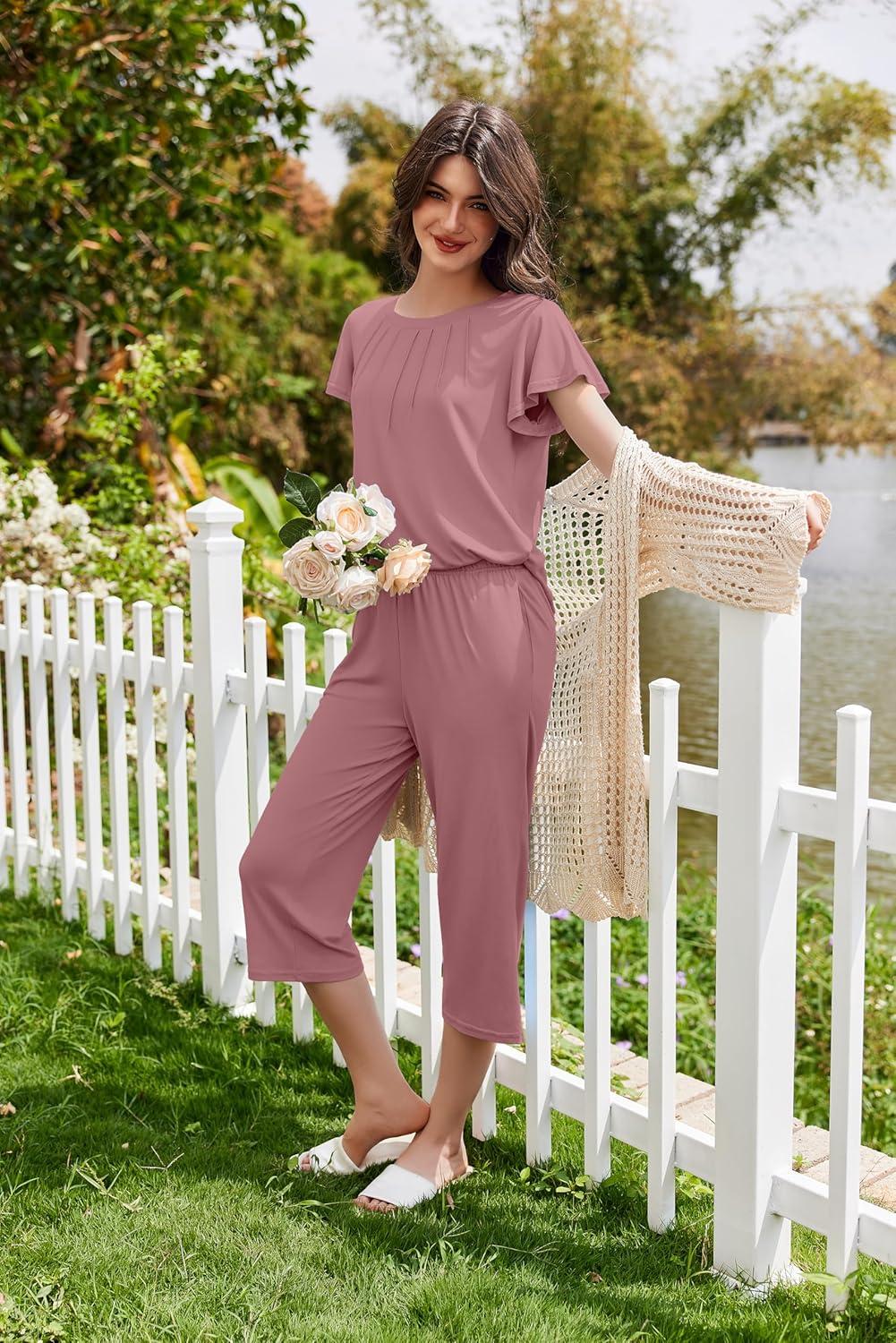 imageEkouaer Capri Pajamas Set Womens Ruffle Sleeve Top and Capri Pants Soft Sleepwear Loungewear with PocketsPale Violet Red