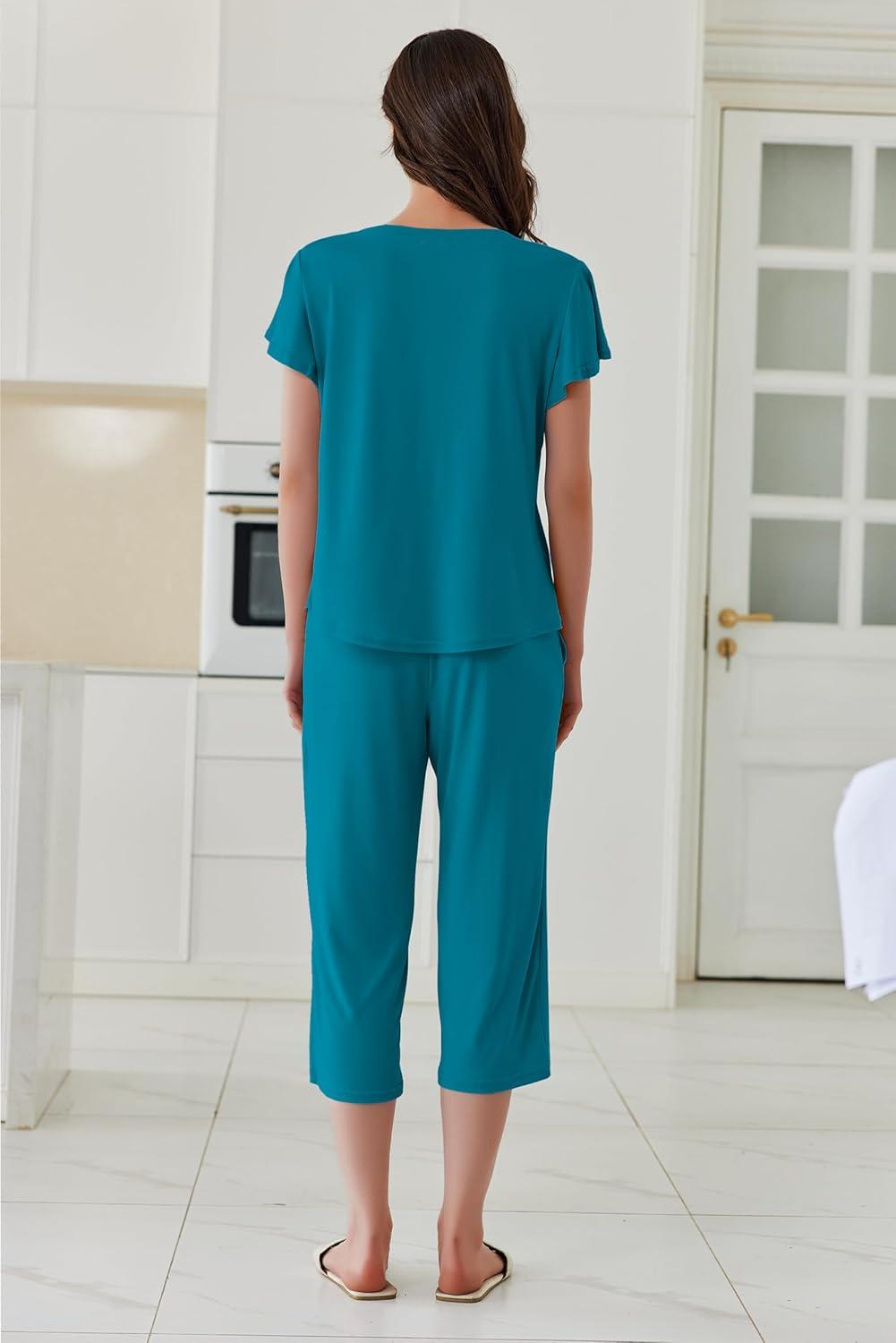 imageEkouaer Capri Pajamas Set Womens Ruffle Sleeve Top and Capri Pants Soft Sleepwear Loungewear with PocketsPeacock Blue