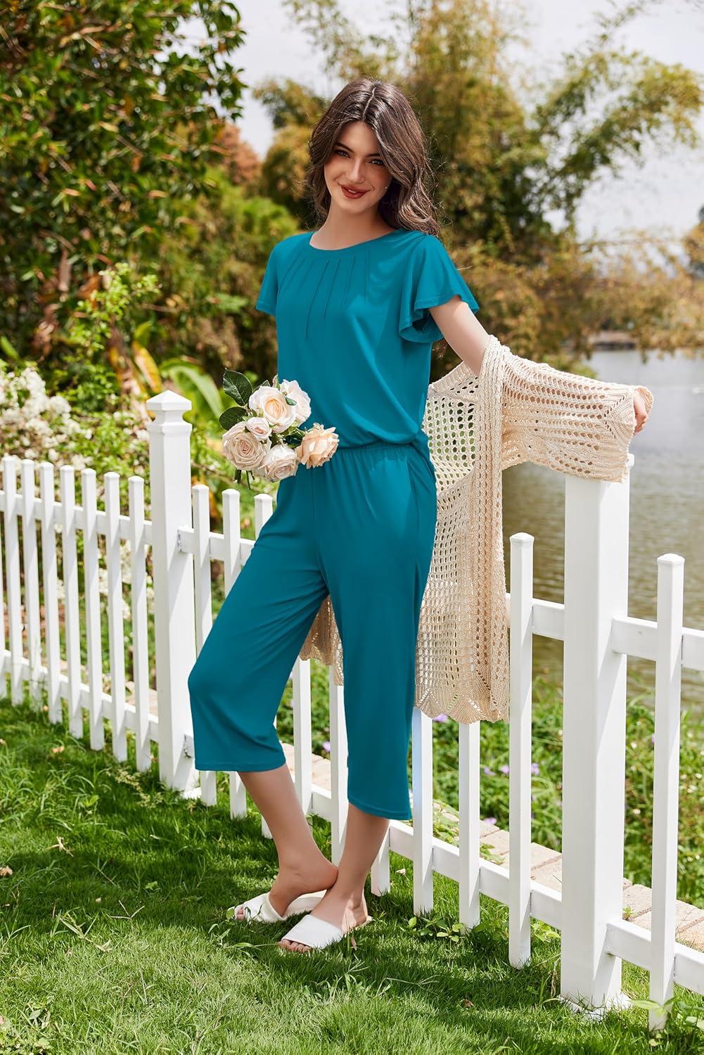 imageEkouaer Capri Pajamas Set Womens Ruffle Sleeve Top and Capri Pants Soft Sleepwear Loungewear with PocketsPeacock Blue