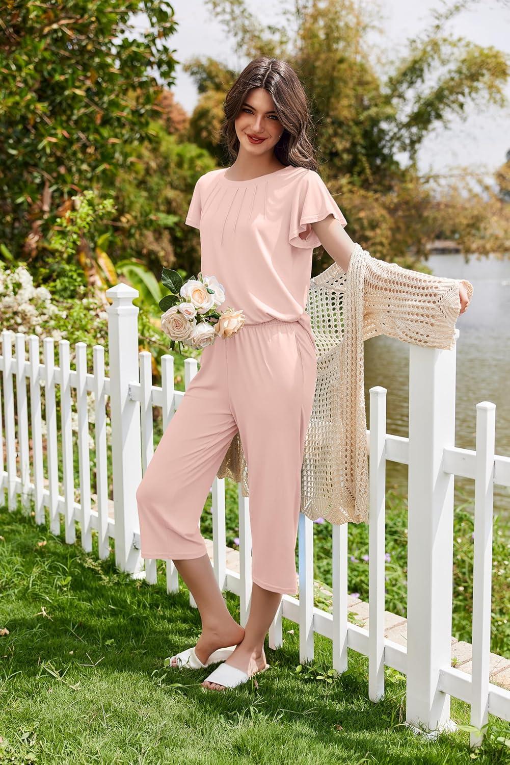 imageEkouaer Capri Pajamas Set Womens Ruffle Sleeve Top and Capri Pants Soft Sleepwear Loungewear with PocketsPink