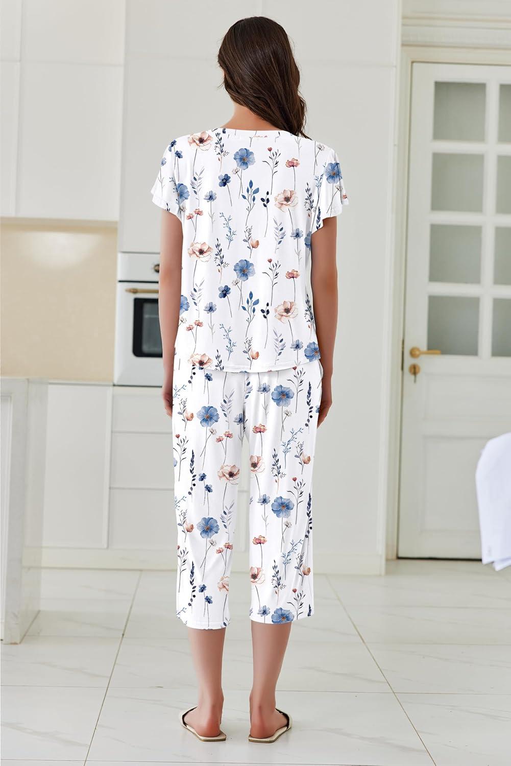 imageEkouaer Capri Pajamas Set Womens Ruffle Sleeve Top and Capri Pants Soft Sleepwear Loungewear with PocketsWhite Floral