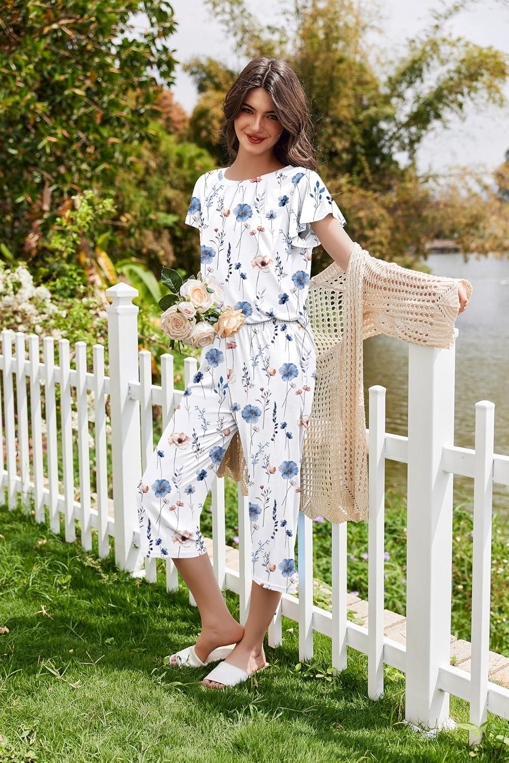 imageEkouaer Capri Pajamas Set Womens Ruffle Sleeve Top and Capri Pants Soft Sleepwear Loungewear with PocketsWhite Floral