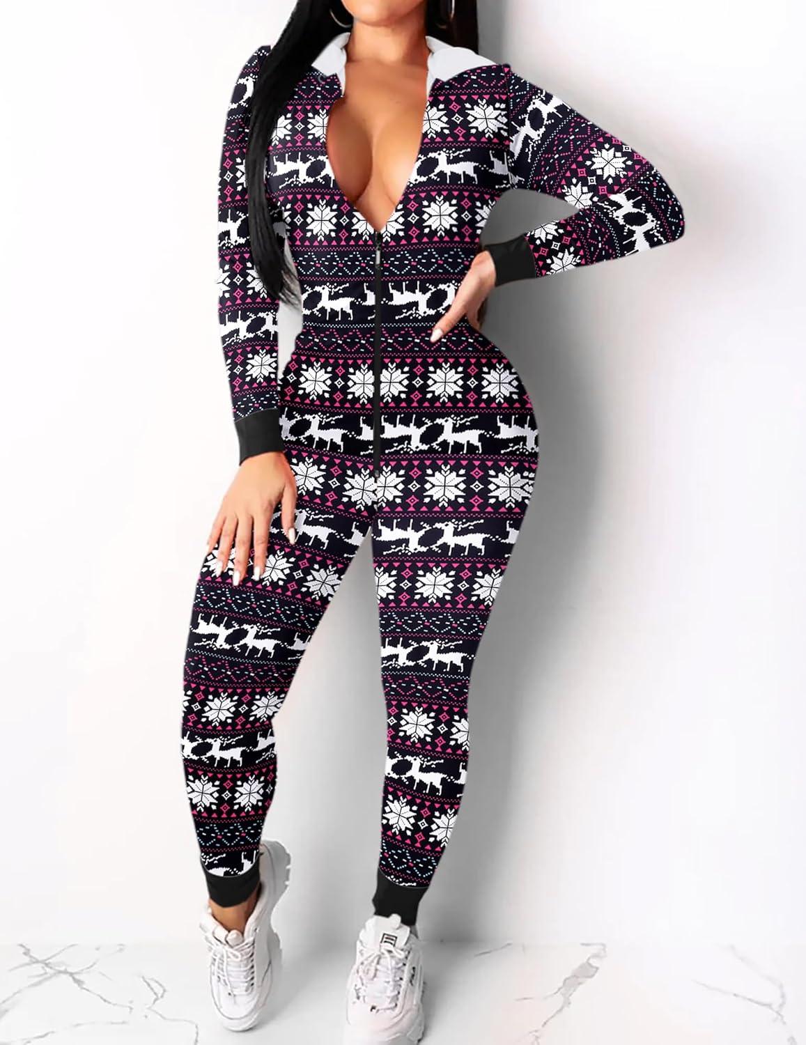 imageEkouaer Christmas Onesie Women Sexy Pajamas Zipper Halloween Onepiece Bodycon Outfit Jumpsuit Costume SXXLBlack Deer Print