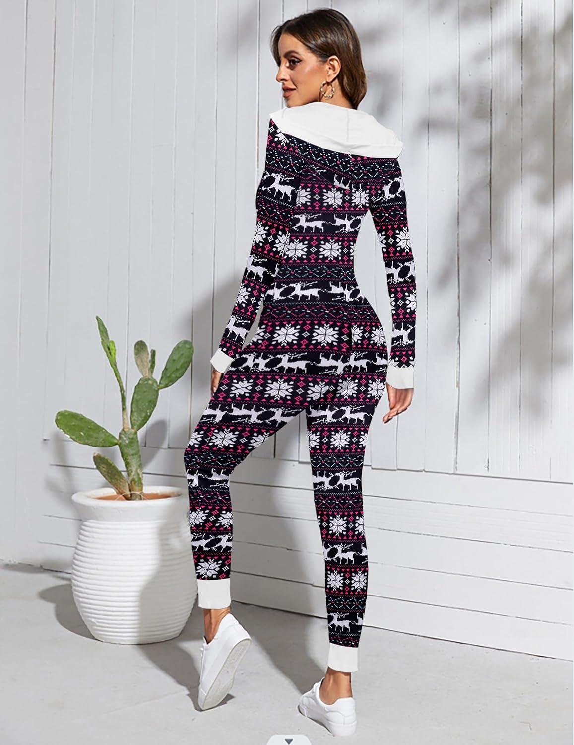 imageEkouaer Christmas Onesie Women Sexy Pajamas Zipper Halloween Onepiece Bodycon Outfit Jumpsuit Costume SXXLBlack Deer Print