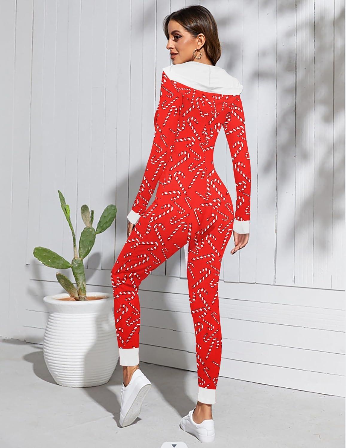 imageEkouaer Christmas Onesie Women Sexy Pajamas Zipper Halloween Onepiece Bodycon Outfit Jumpsuit Costume SXXLCandy Cane Print