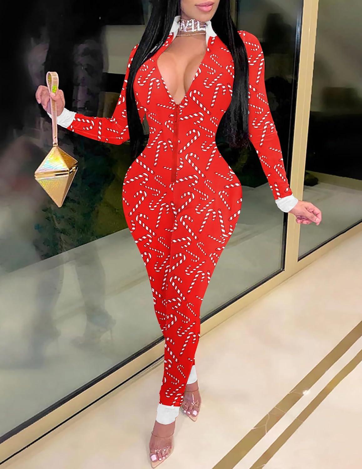 imageEkouaer Christmas Onesie Women Sexy Pajamas Zipper Halloween Onepiece Bodycon Outfit Jumpsuit Costume SXXLCandy Cane Print