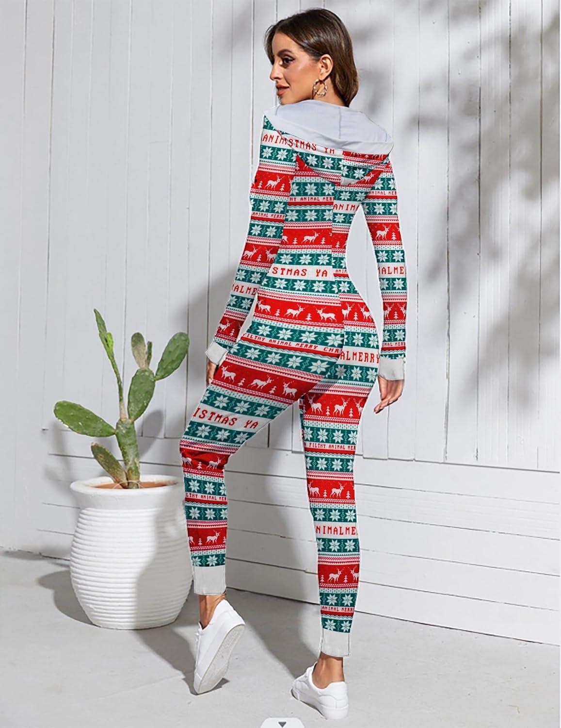 imageEkouaer Christmas Onesie Women Sexy Pajamas Zipper Halloween Onepiece Bodycon Outfit Jumpsuit Costume SXXLChristmas Snowflake Elk
