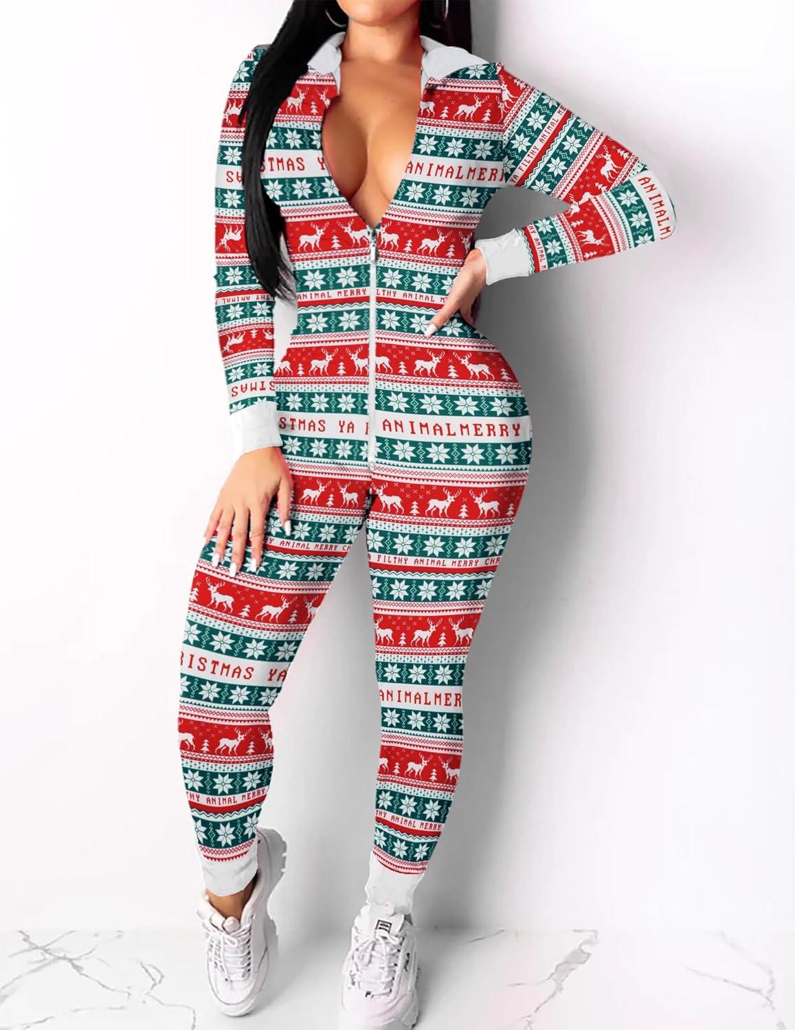 imageEkouaer Christmas Onesie Women Sexy Pajamas Zipper Halloween Onepiece Bodycon Outfit Jumpsuit Costume SXXLChristmas Snowflake Elk
