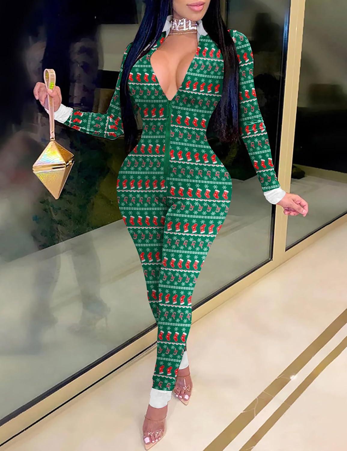 imageEkouaer Christmas Onesie Women Sexy Pajamas Zipper Halloween Onepiece Bodycon Outfit Jumpsuit Costume SXXLChristmas Stockings